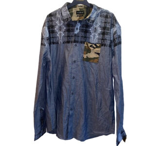 Men's Marc Ecko Long Sleeve Button Down Shirt XXL Gray with Black and Camo